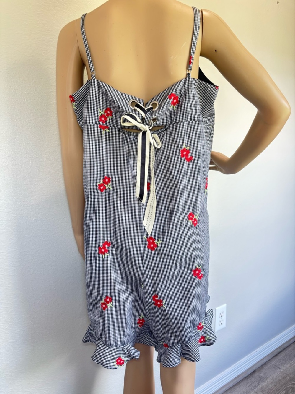 Chelsea & Violet Black-and-White Gingham romper with Red Floral Accents - Picture 5 of 15